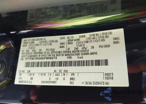 2019 Ford F-150 Raptor z USA, uszkodzony, nr VIN 1FTFW1RG8KFB68273